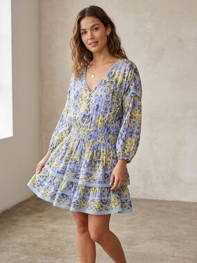 Aerie Sz XL Blue Abstract Leopard Print Lace Flowy Boho Short Dress